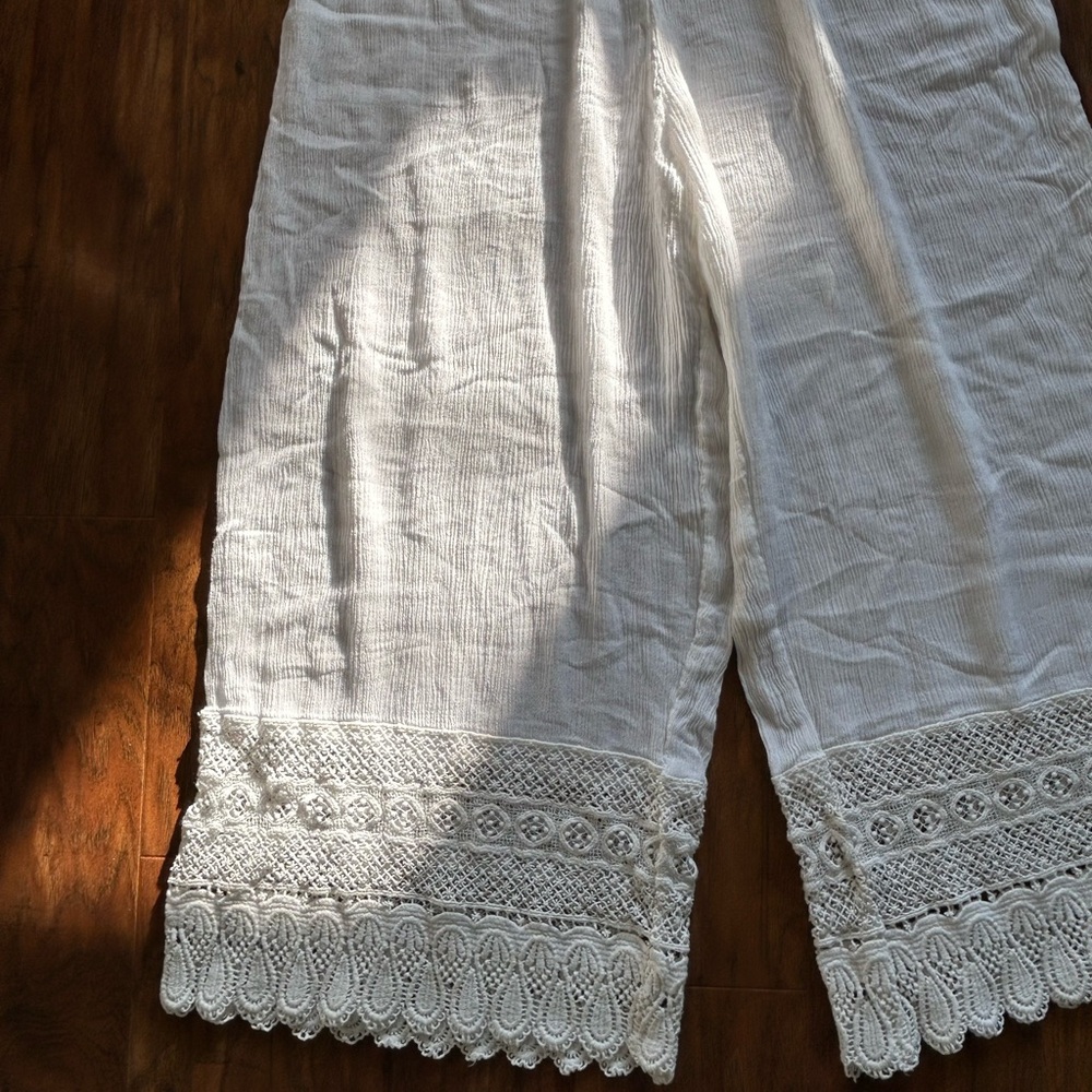 White Lace-Trim Wide Leg Jumpsuit Perfect For The Beach Vacation Summer - Picture 2 of 8